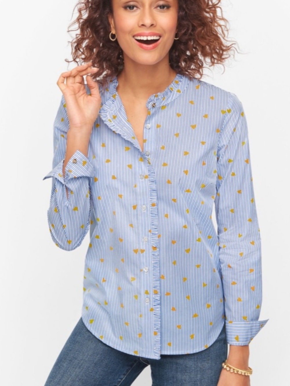Talbots Ruffle Cotton Poplin Button Up Top Heart Print Stripe Sz 2XP Petite Plus